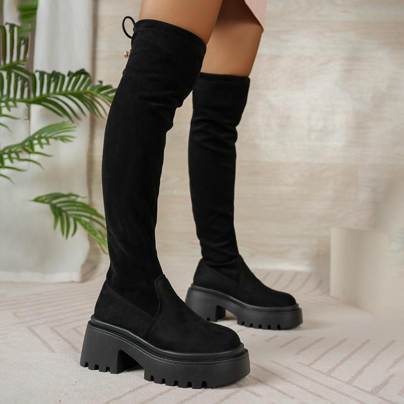 Over The Knee Thigh Boots Fashion Round Toe Suede Platform Non-Slip Block Heel Skinny Boots