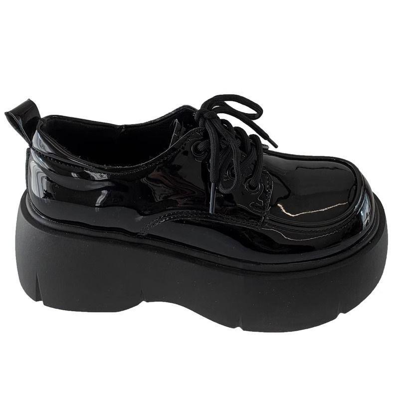 Black shorty Le small leather shoes women's autumn new retro platform muffin round head loafer single shoes