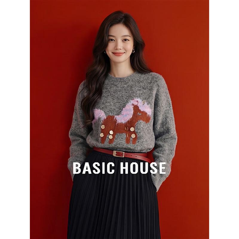 Basic House Women s Retro Pony Embroidery Wool-Blend Sweater M
