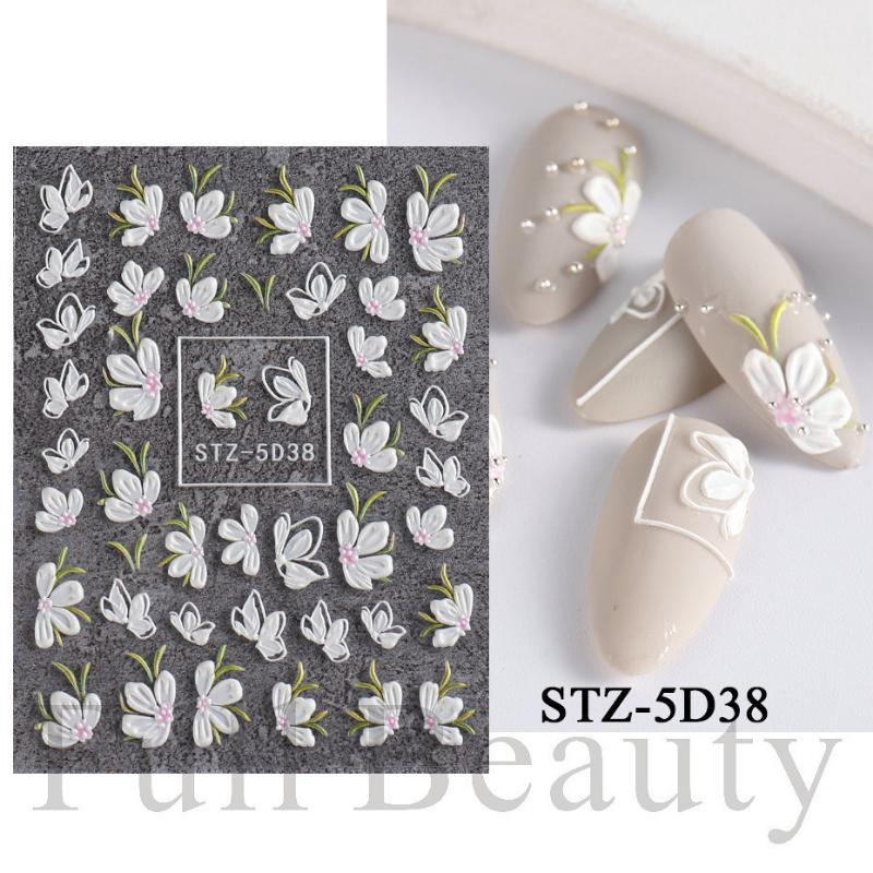 1 Sheet 5D Simple Flowers Nail Embossed Stickers Elegrant Wedding Design Adhesive Sliders Summer Textured Engraved Nail Decoration