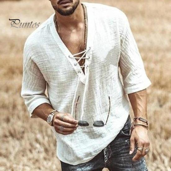 Summer Men Shirt Lace-up V Neck Mid Sleeves Loose Pure Color Pullover Retro Daily Wear Quick Dry Thin Casual Mid Length Top