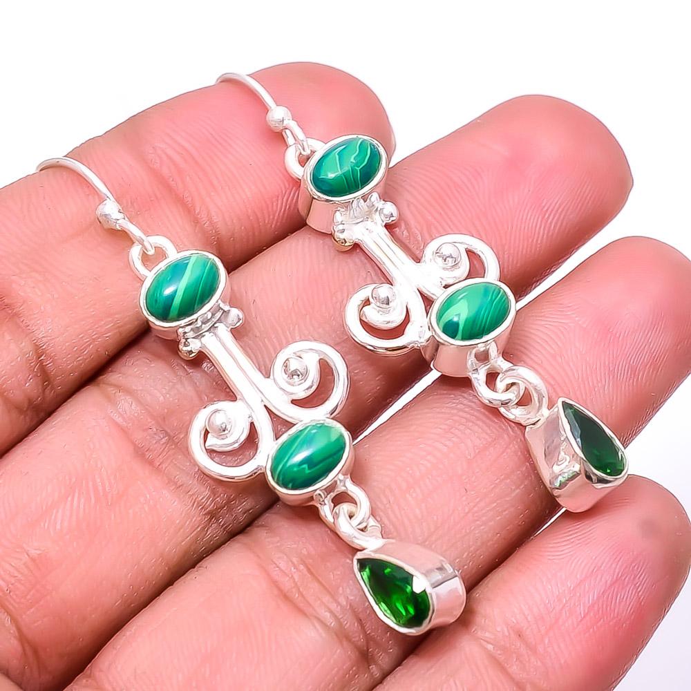 

Malachite, Emerald (Simulated) Multi Collet 925 Sterling Silver Earring 2.15 E8