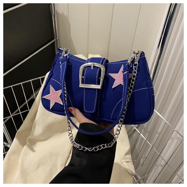 

2025 зима новая холщовая текстура модная цепочка персонализированная звезда тренд сумка-мессенджер милая крутая девушка сумка подмышку синий