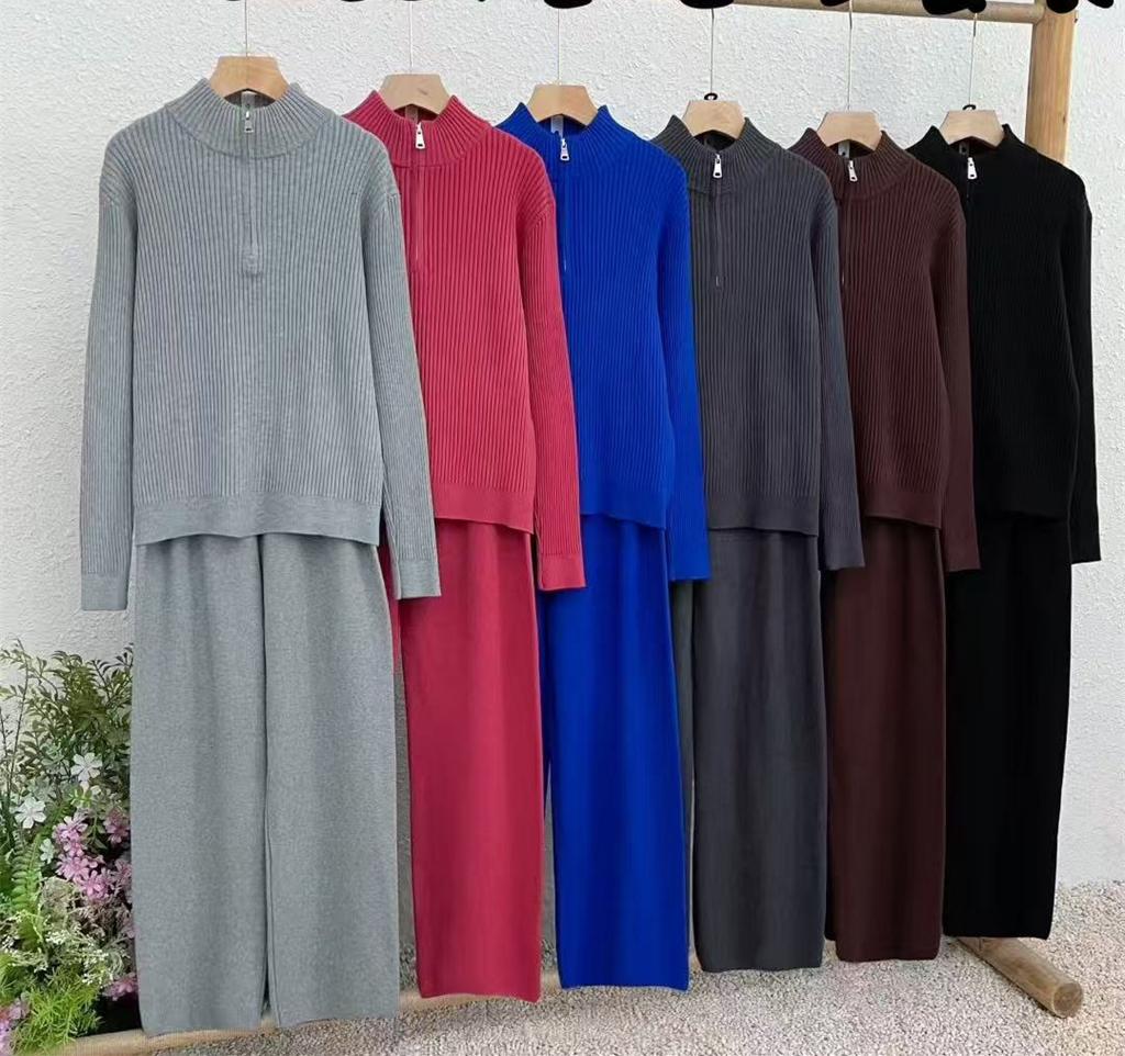 European and American New Half-Zipper Stand Collar Design Knit Sweater Straight-Leg Long Pants Two-Piece Women's Casual Set