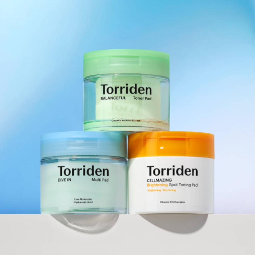 

Torriden 3-Pad Set – Dive-In Multi Pad, Balanceful Toner Pad, Vita Blemish Pad | Exfoliating & Hydrating Daily Pads