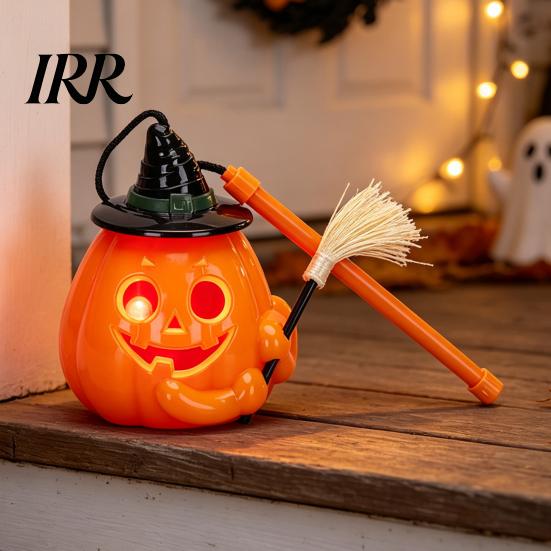 Handheld Pumpkin Pole Light Glowing Halloween Lantern, Jack O Lantern with Witch Hat Broom, Candy Collecting Up Decor, Trick or Treat Prop for