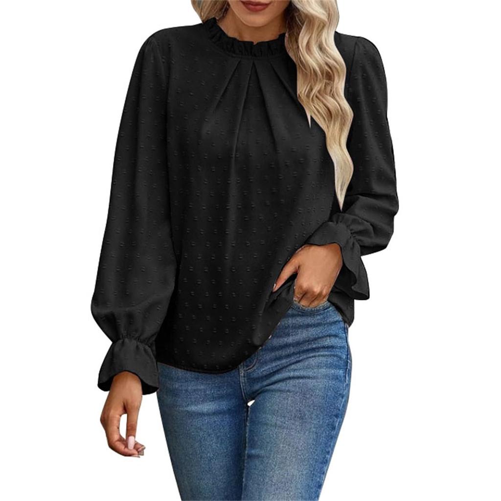 Women's Fashion Casual Dot Pleated Round Neck Ruffled Long Sleeve Solid Color Top