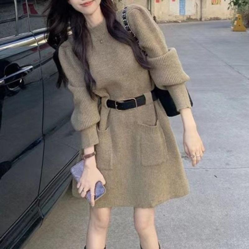 Plus Size Women's Korean Style Fashion Knit Dress Winter Autumn Design Sense Waist-Cinching Base Layer Skirt Trendy