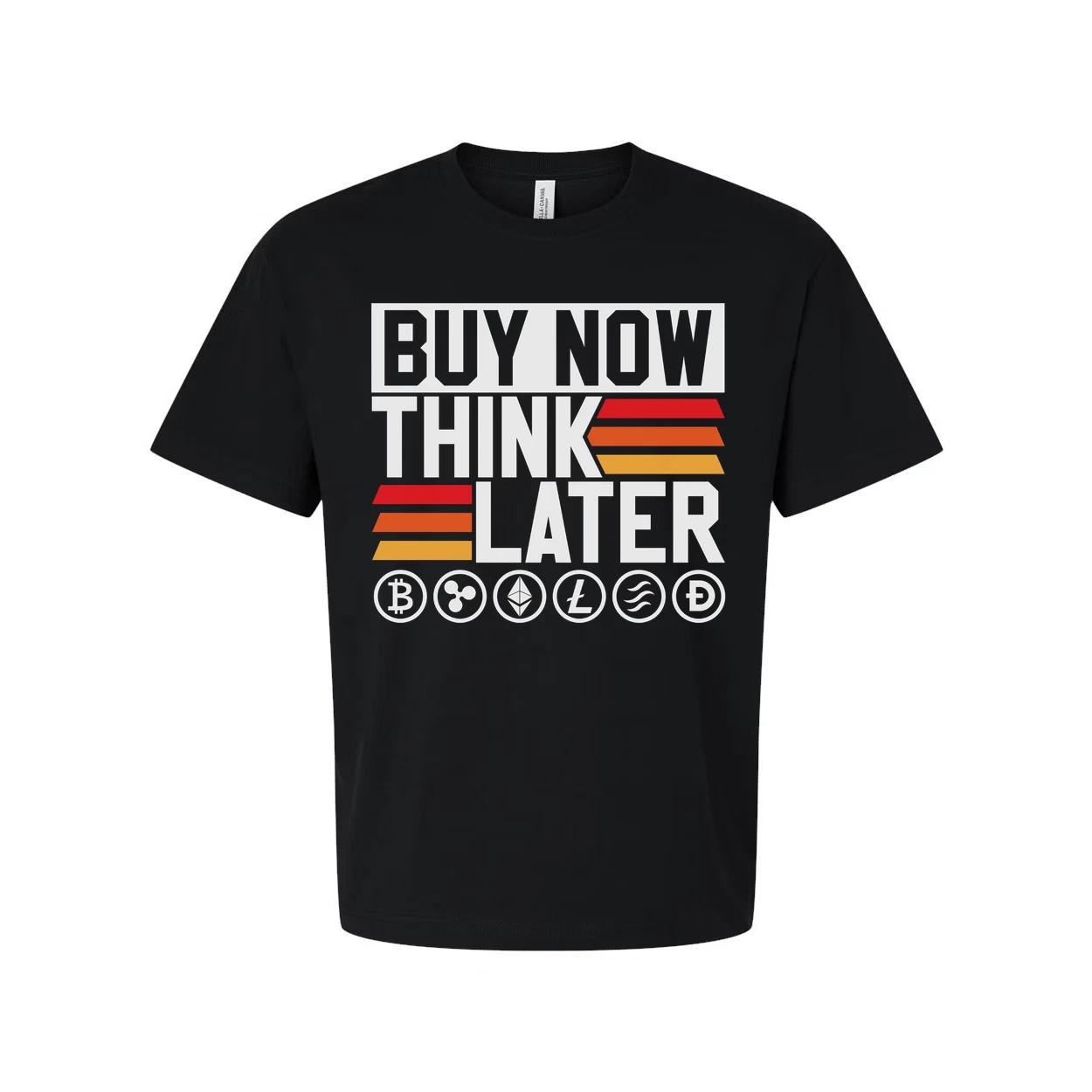 Crypto Unisex Graphic Tee Featuring Buy Now Think Later Design With Crypto Logos 2XL