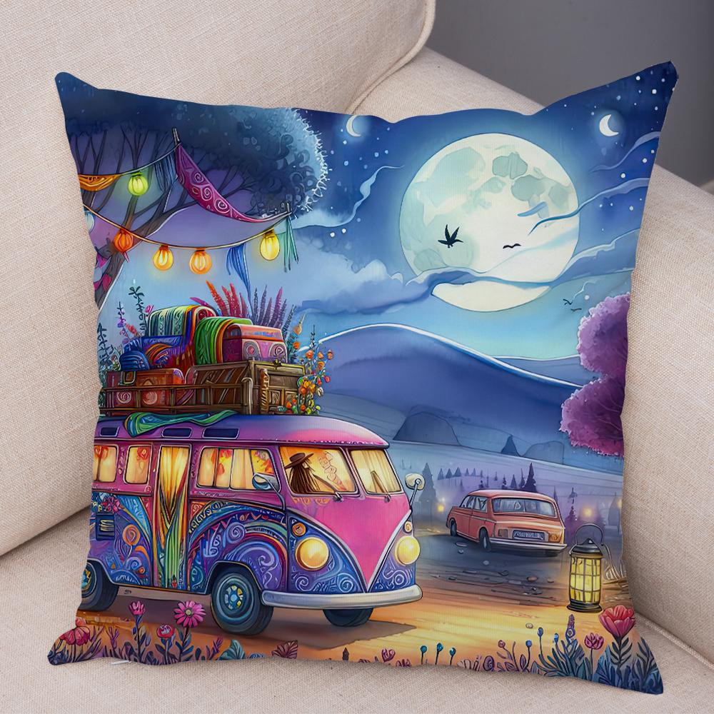 Happy Campers Pillow Case Double Print Decor Cartoon House Travel Car Cushion Cover for Sofa Home Soft Plush Pillowcase
