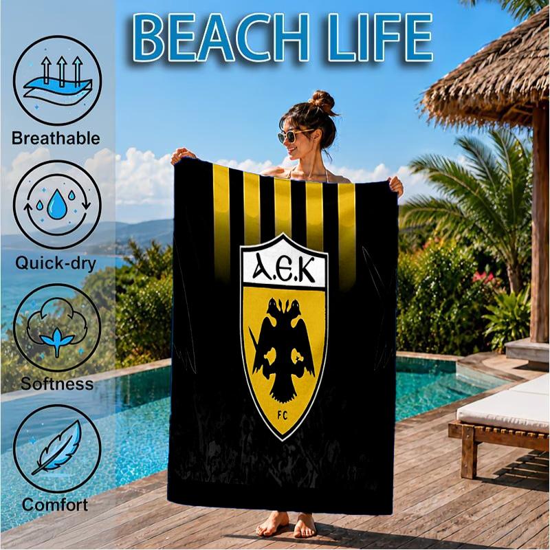 Asciugamano da Spiaggia AEK Atene con Design dello Stemma Oro e Nero, Asciugatura Rapida, Facile da Curare, Adatto Sia per il Fitness che per le Vacanze al Mare, Essenziale per lo Sport