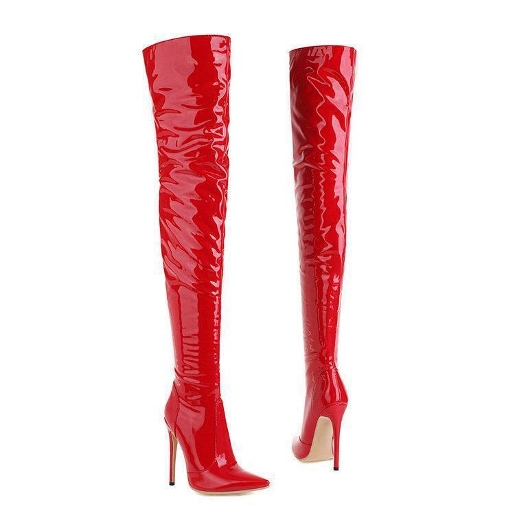 Over-the-Knee Boots Women's Red Boots Glossy Patent Leather Boots Sexy Thighs Boots Pole Dancing Boots Pointed Heels