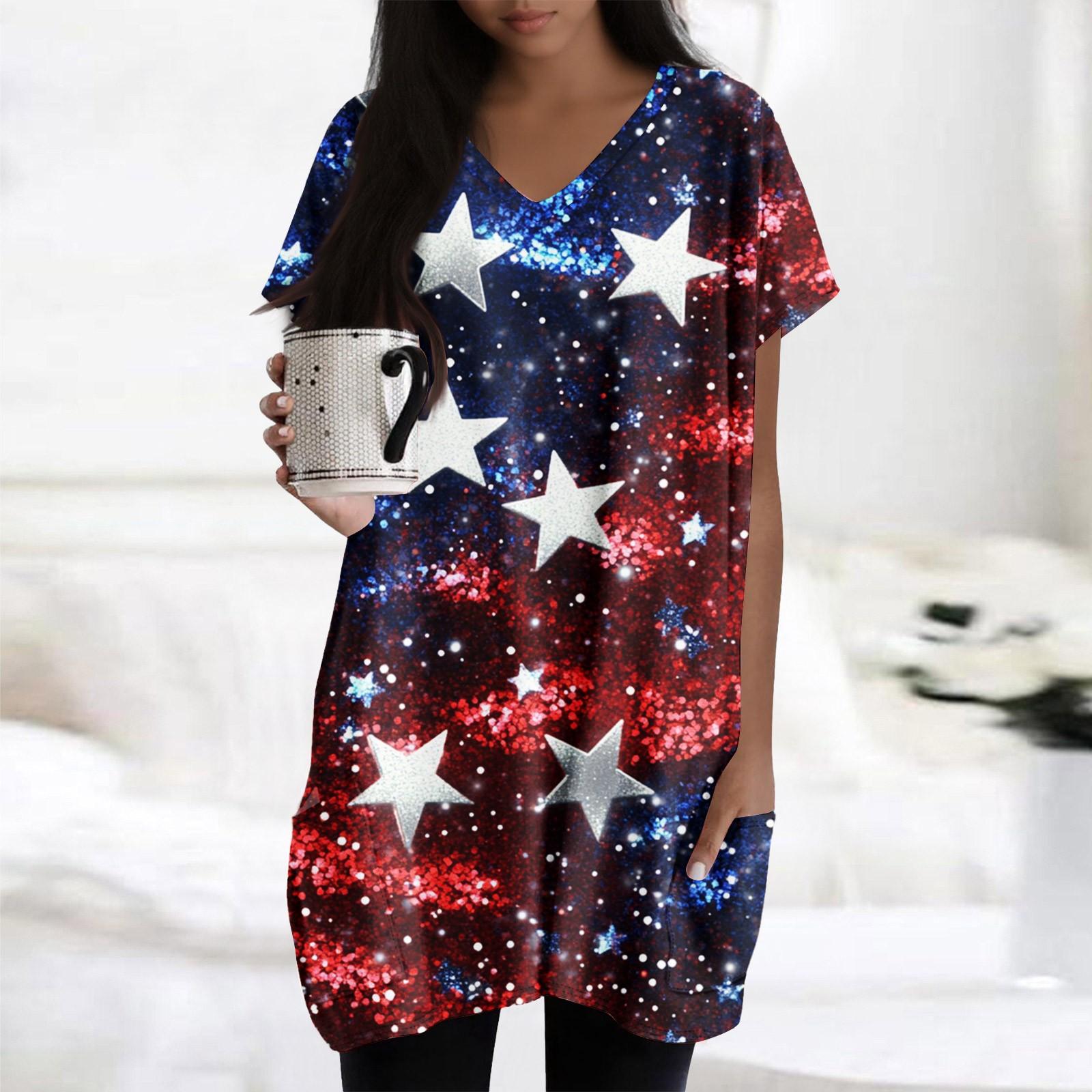 

Womens Tops V-neck Short Sleeve Blouses Casual Mid-length Shirts Fashion Print Tunic Tops With Pockets S