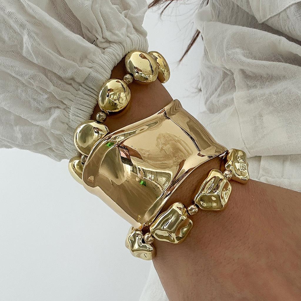 Exaggerated Smooth Geometric Alloy Wide Bracelet, Personalized Baroque Irregular Beaded Bracelet For Women