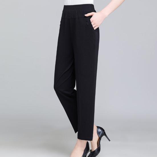 High Waist Elastic Waistband Women Pants Button Decoration Pockets Thin Office Lady Straight Wide Leg Trousers