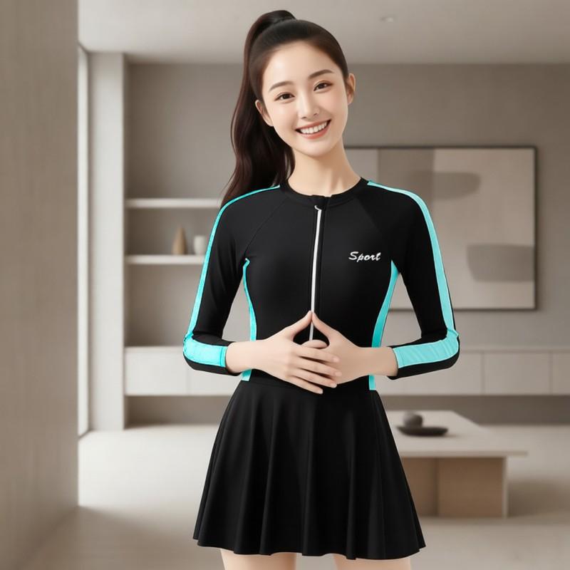 Large Size Skirt Long-sleeved One-piece Swimsuit Female Fat Sister 160kg Boxer Pants Conservative Sports Student Casual