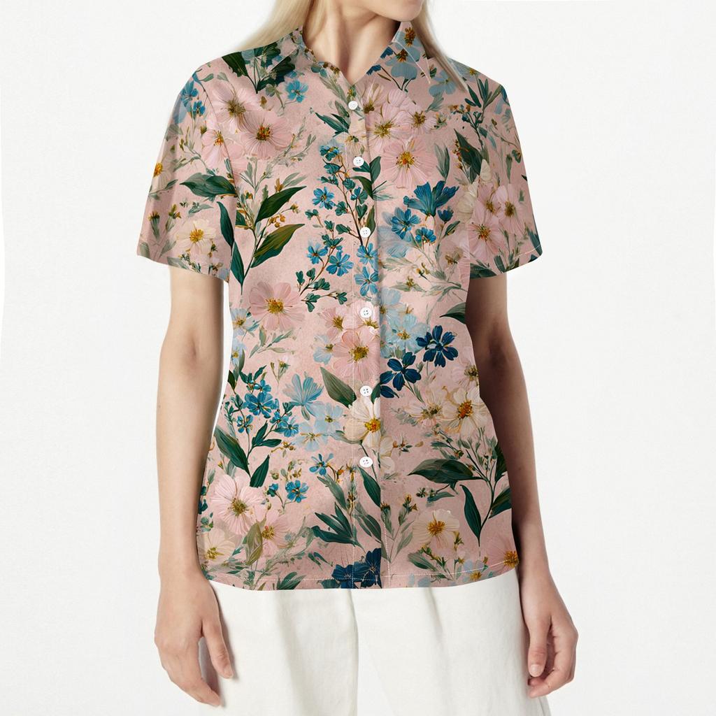 Women's Short Sleeve Floral Print Button Down Collared Blouse, Casual Fashion Top