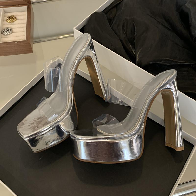 15cm Ultra High heels Platform Wedges Women Slippers Sandals Transparent PVC Chunky Heeled Mules Slides Summer Shoes
