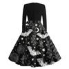 Women's Casual Halloween Print Retro Dress Long Sleeve Round Neck Vintage Style Midi Dress with Belt and Flared Skirt Suitable for Seasonal Wear