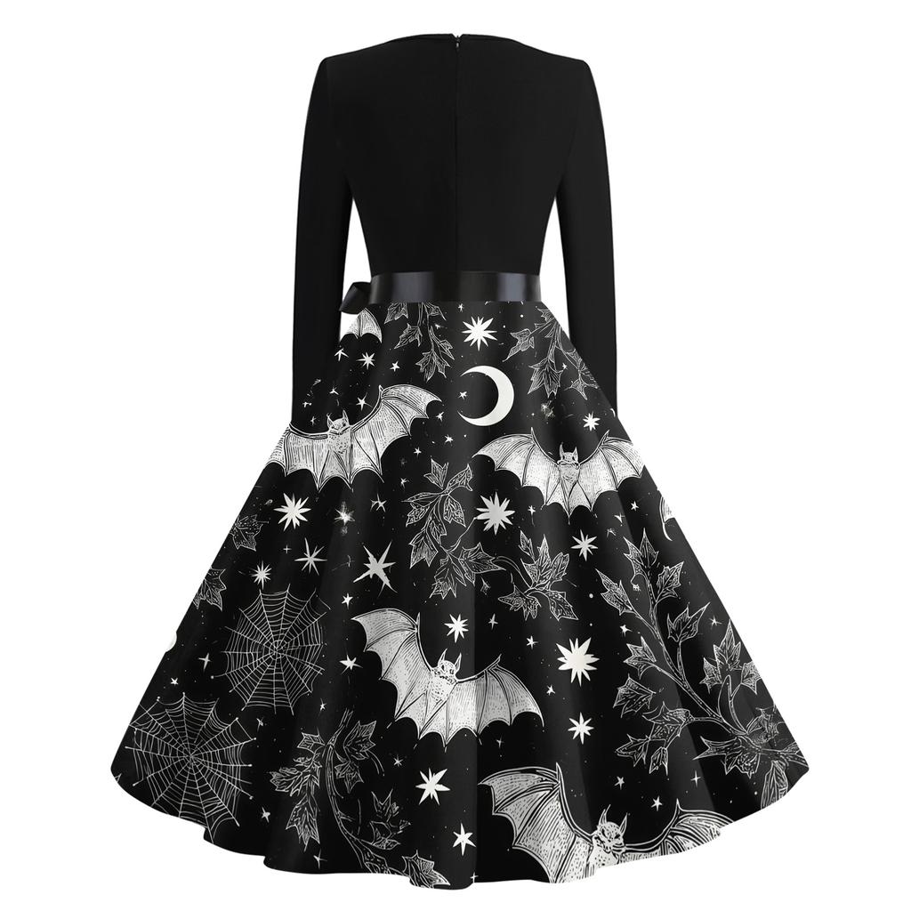 Women's Casual Halloween Print Retro Dress Long Sleeve Round Neck Vintage Style Midi Dress with Belt and Flared Skirt Suitable for Seasonal Wear