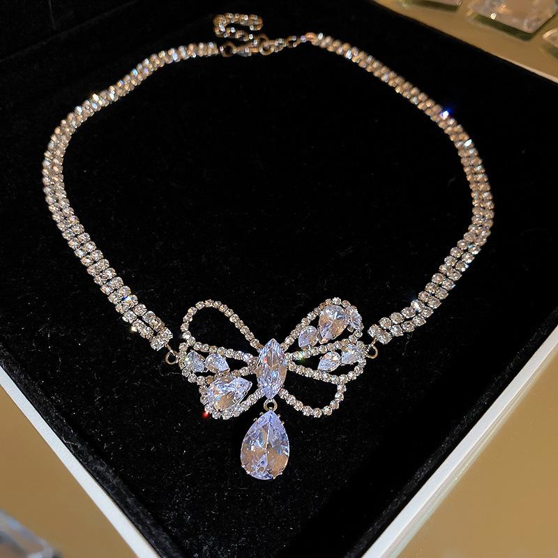 Light luxury zircon bow water drop choker necklace sweet Internet celebrity temperament elegant sweater collarbone necklace