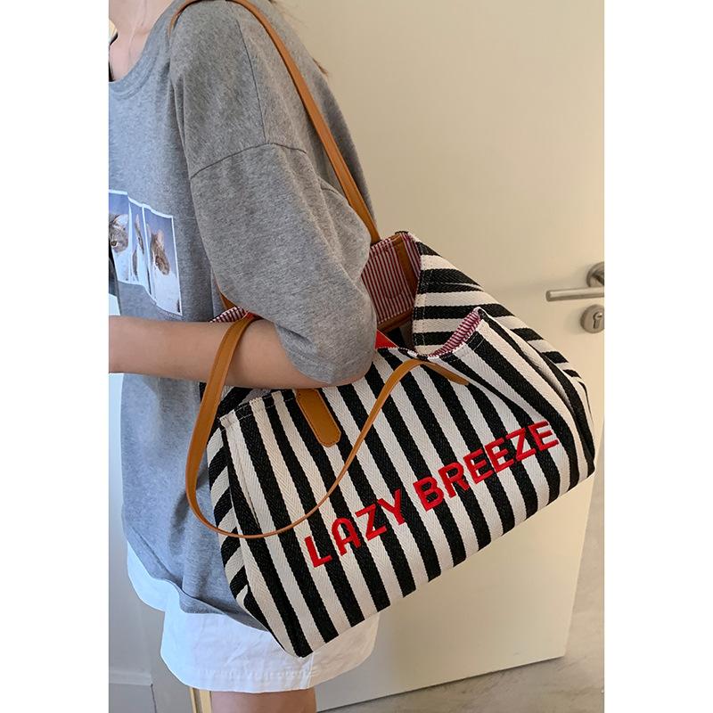 Casual Large-capacity Underarm Bag Women's  New Striped Canvas Bag Fashionable Shoulder Tote Bag