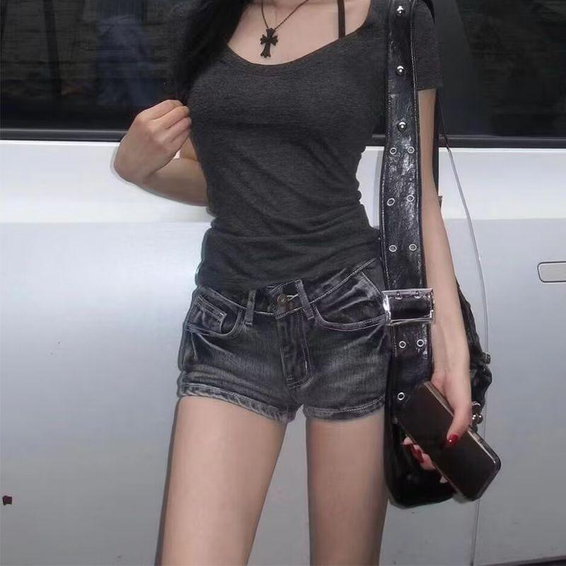 Petite A-Line Low-Rise Vintage Black & Grey Slim Fit Denim Shorts for Women M промывают черный