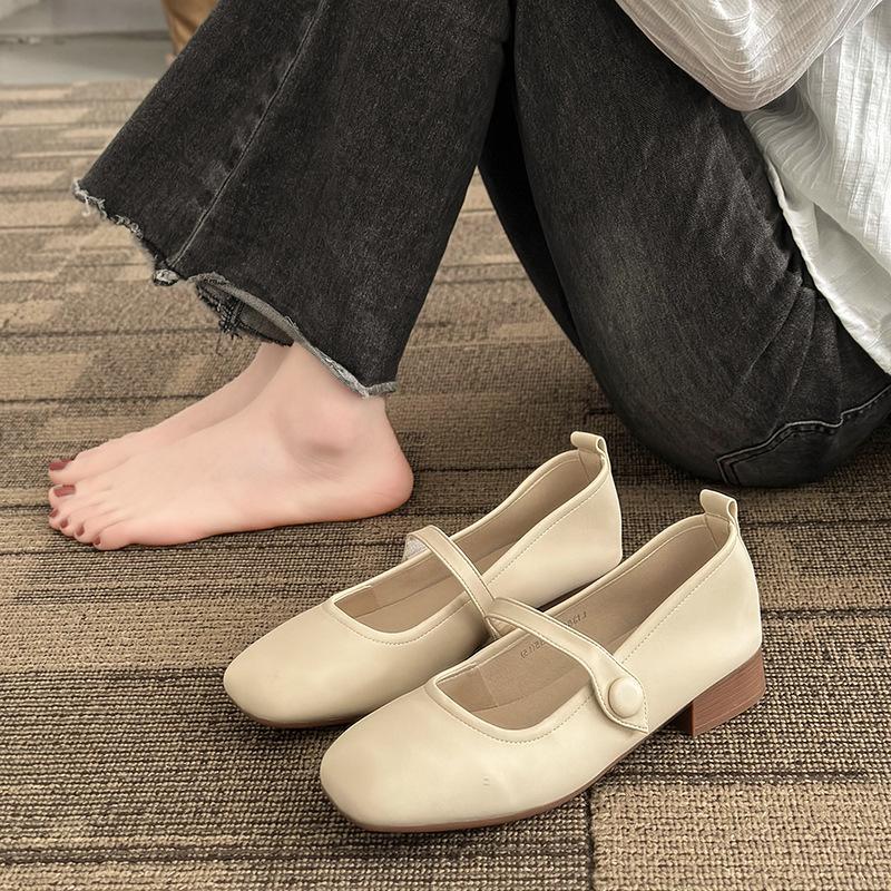 Mary Jane Women's Shoes 2025 New Spring and Summer Single Shoes Women's Flat Bottom Shallow Mouth Square Head Soft Sole Medium Heel Thick Heel Smal
