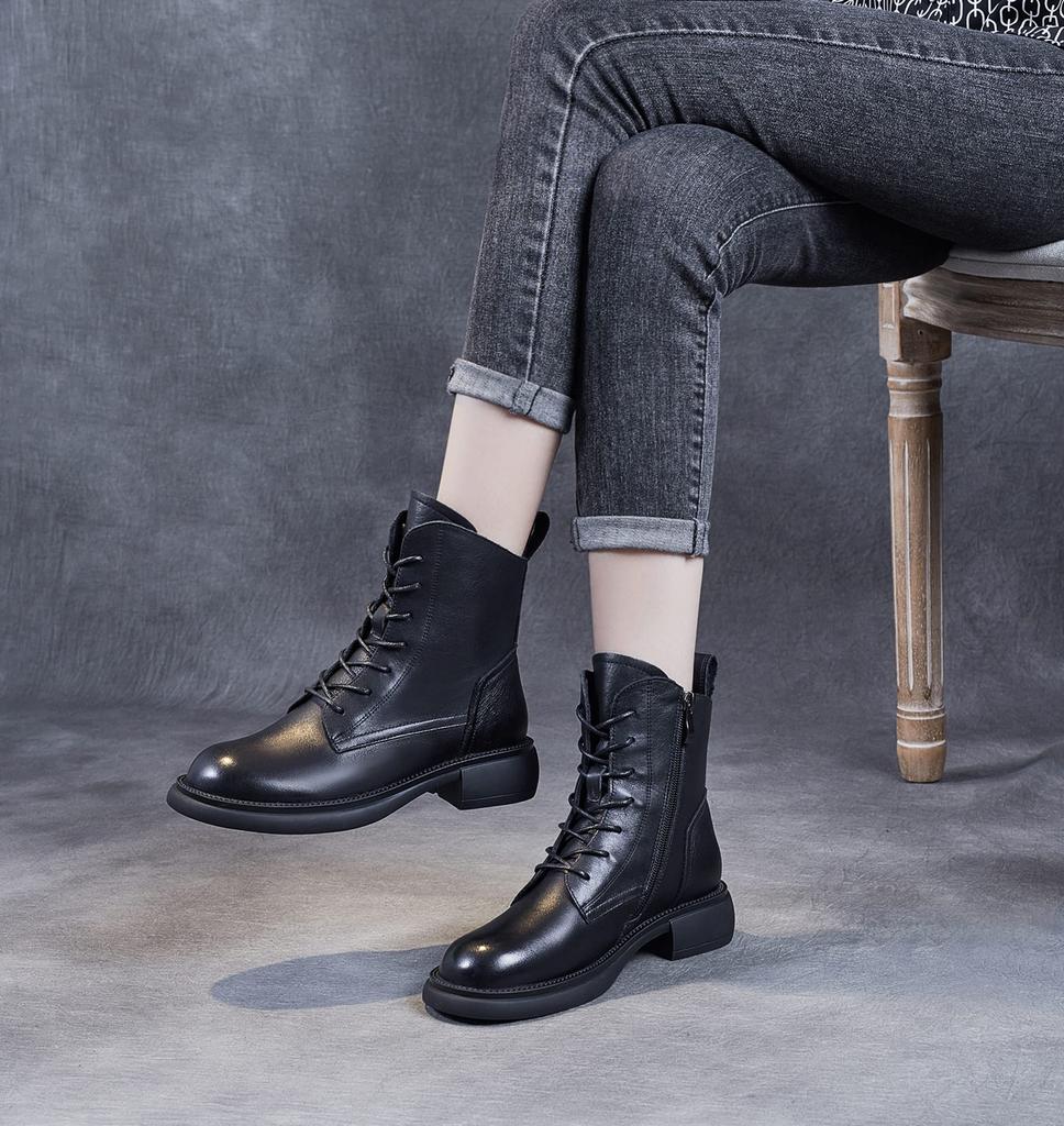 ZUYEE Genuine Leather Low Side Short Easy to Walk Size Women's Lace-Up Boots, Heel, Zip, Boots, Soft, Casual, in, Black, 23.5cm
