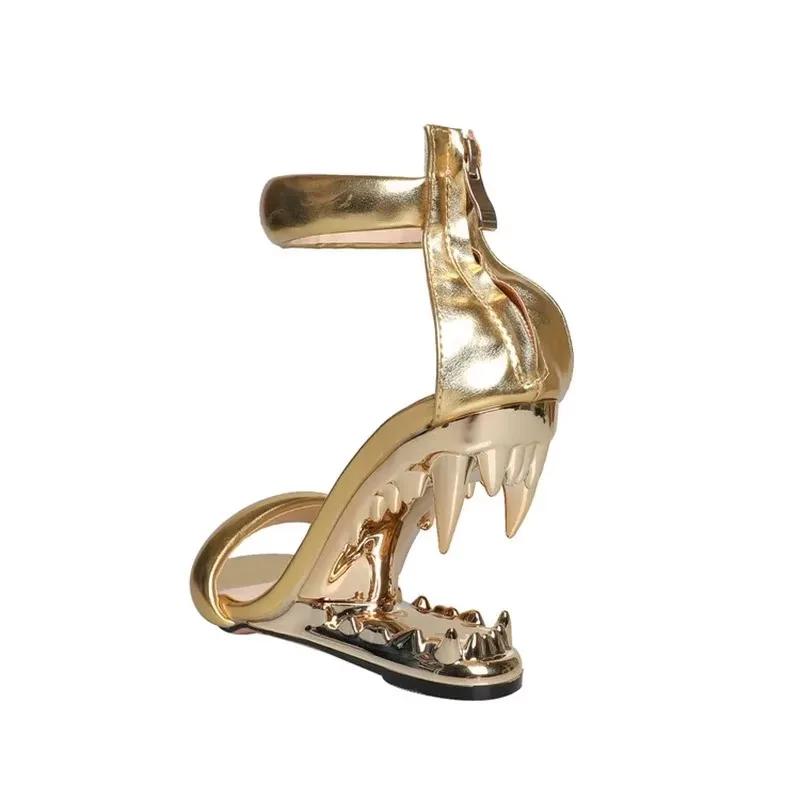 Fashion Brand Gold Strange Tiger Teeth Slope Heel Sandals  New Women's Back Zipper Simple Dress Banquet Designer Women Shoes Size 34-44