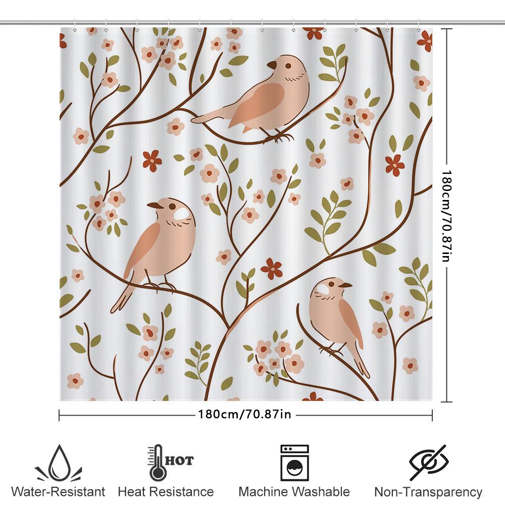 Modern Floral Birds Print Shower Curtain Pink Green Colorful Pattern for Bathroom Decorations Waterproof Polyester Fabric 6 Hook