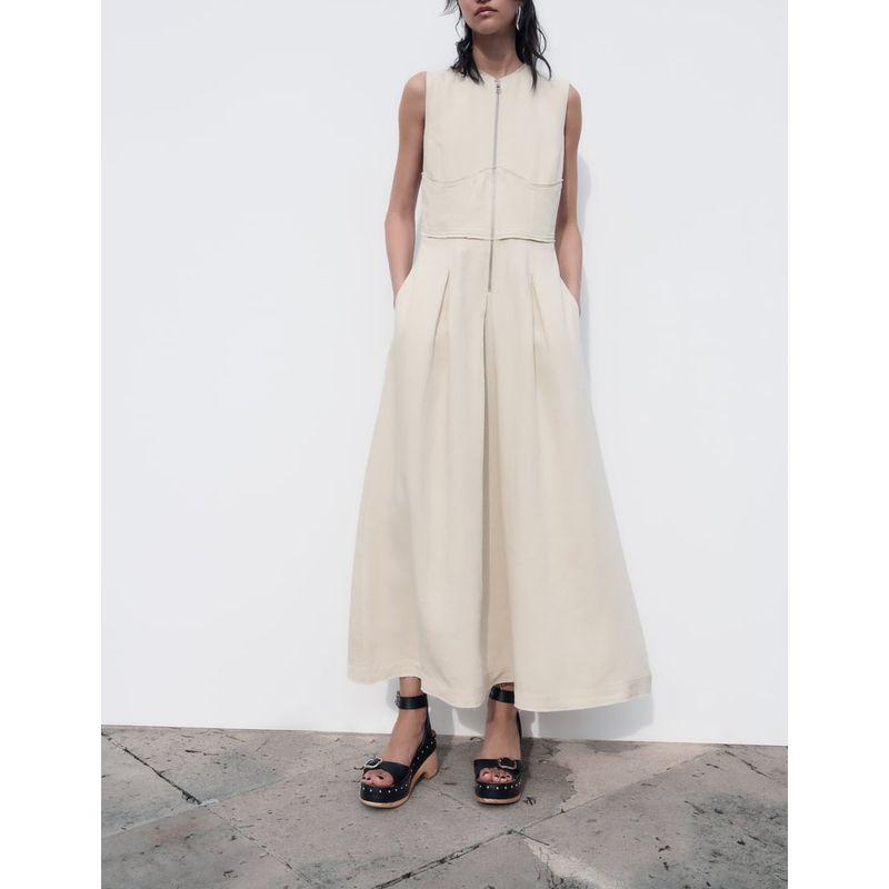 Spring New Arrival Sleeveless Long Jumper Dress Casual Elegant French Waist Zipper Dress 2902586