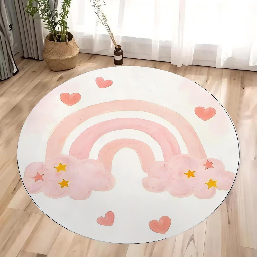 Boho Rainbow Round Rug Floor Mat Non-Slip Machine Washable Flannel Carpet for Home Living Room Kids Playmat Bedroom Floor Mat