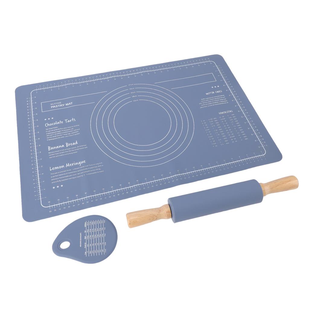 Rolling Pin Pastry Mat Set With Measurements Cutter Anti Slip Thick Silicone Baking Dough Rolling Sheet for Pizza Pies