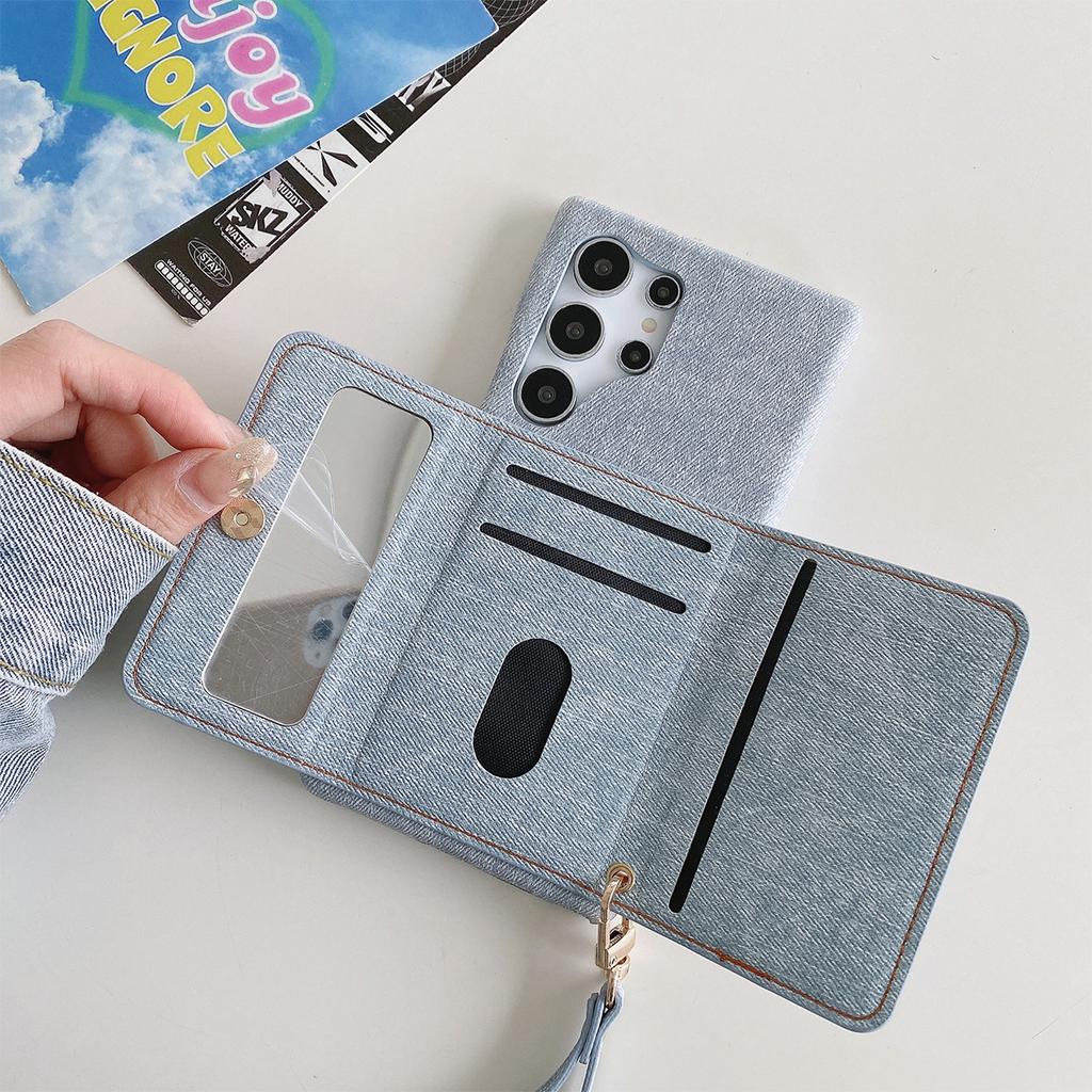 Luxus-Ledertasche für Samsung Galaxy S24 S23 S22 S21 S20 Plus Note 20 Ultra Denim-Muster Lanyard Spiegel Brieftaschenabdeckung