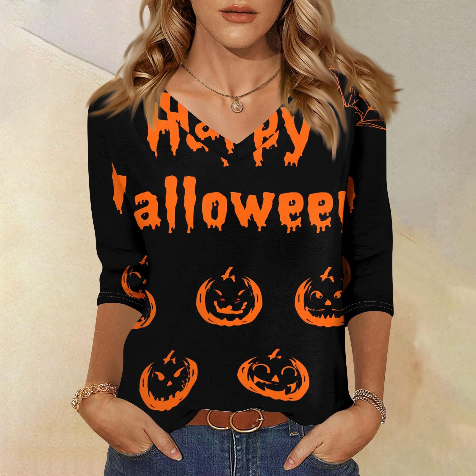 Women s Casual Halloween Print V-Neck Three-Quarter Sleeve Top L чёрный
