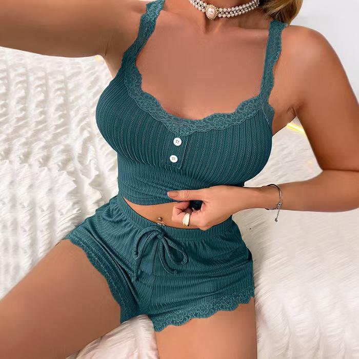 

Европейский и американский модный кружевной женский пижамный комплект - Повседневная и сексуальная майка и шорты XL