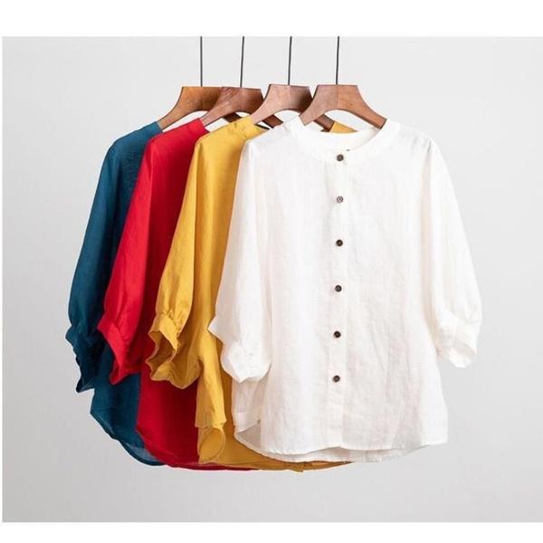 Koszula damska z lnu bawełnianego z rękawami typu latarnia, vintage, artystyczny top, luźna bluzka z krótkim rękawem w dużym rozmiarze