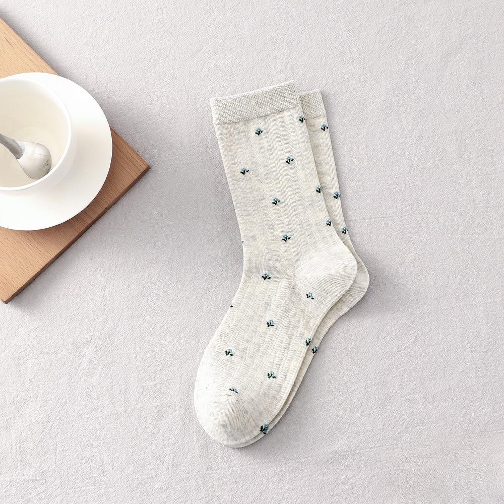 Coffee-colored Floral-patterned Socks for Ladies, Mid-length, Suitable for Spring and Autumn, Trendy and Retro Pile-up Socks