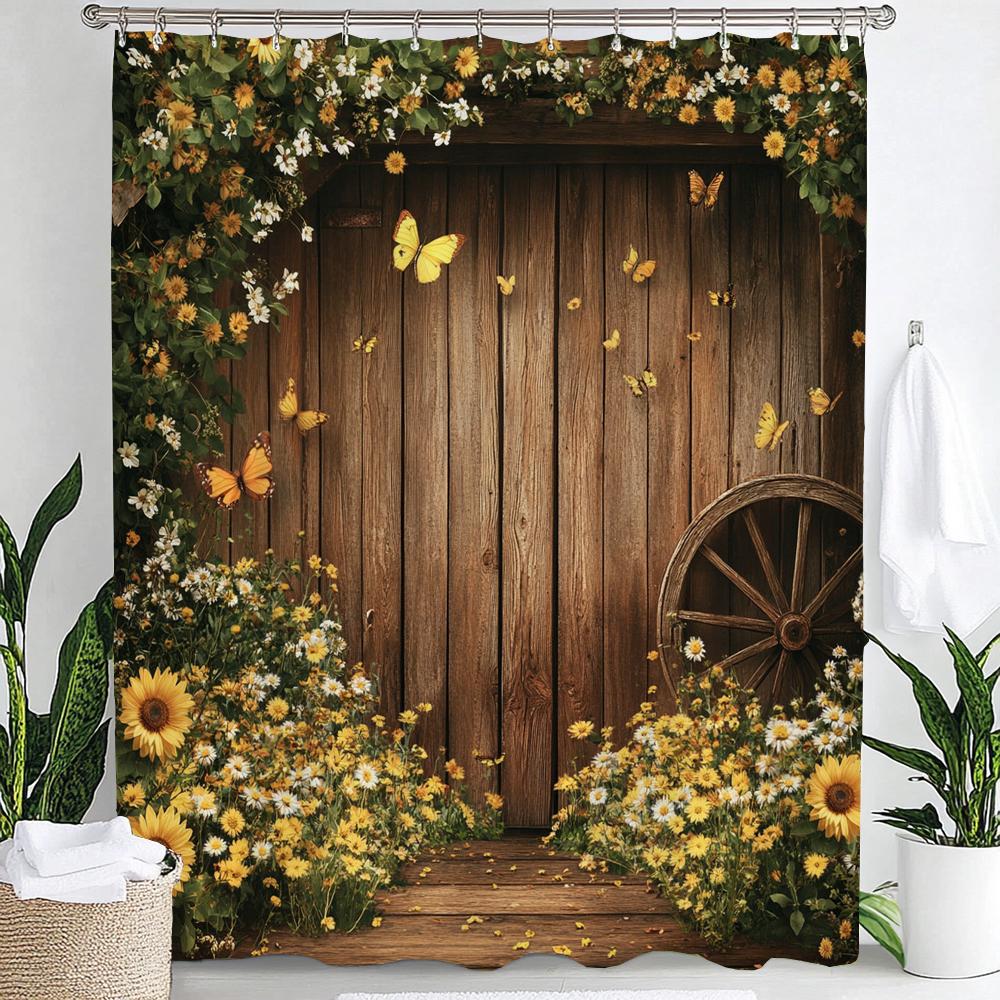 1pc Country Farm Barn, Flower Sunflower Print Waterproof Shower Partition Privacy Hanging Curtain with Hooks Machine Washable