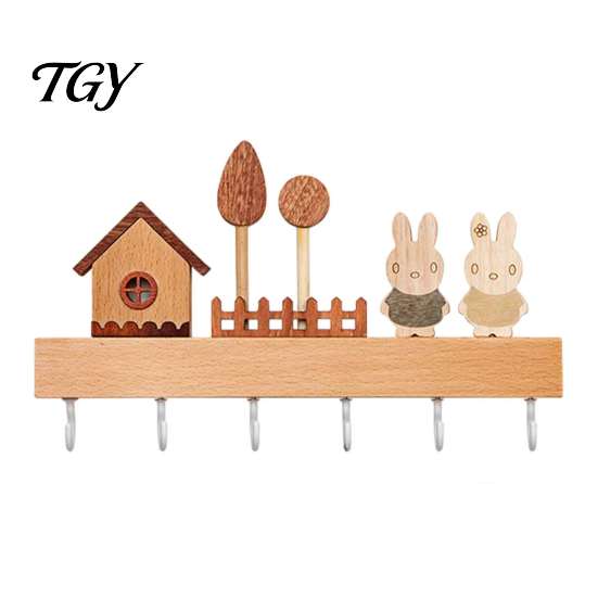 Wall Mounted Key Holder Wooden with 6 Hooks, Decorative Entryway Organizer Kitchen Tool Storage Hook Rack, Easy Mount Installation Hanger for