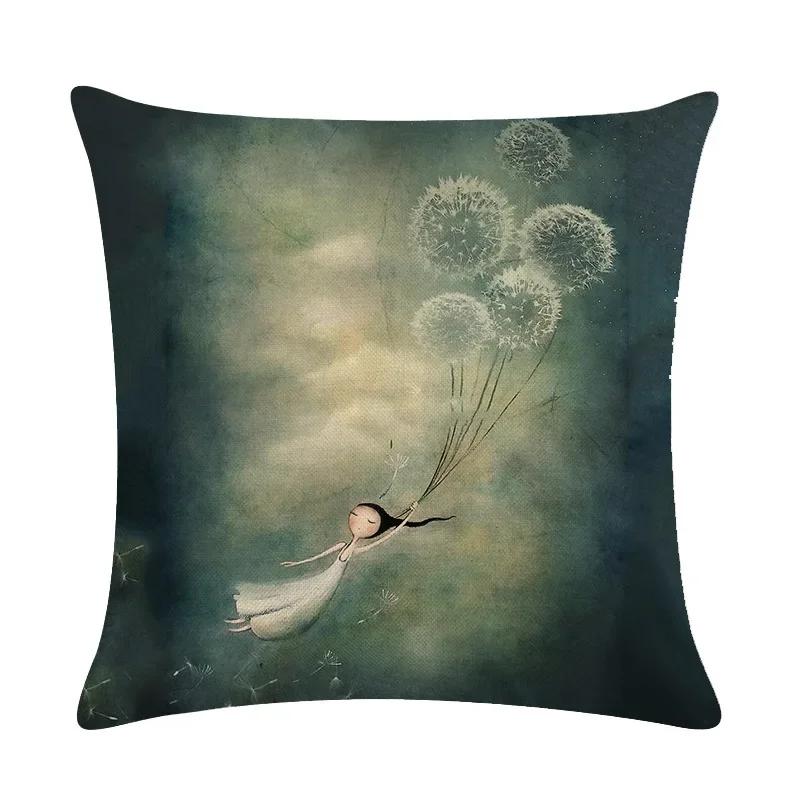 Dandelion Linen Pillowcase Sofa Car Waist Cushion Cover Home Soft Room Gift Printed On One Side 45*45Cm