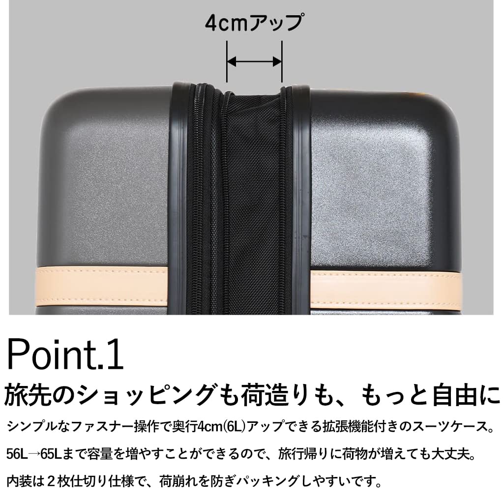 MOZ Suitcase with Expandable Medium Day 8 Quiet TS Embossed 3 Adjustable Light Carry-on Gusset, Size, 5-6 Capacity, 57cm, 56L-65L Capacity, Casters,