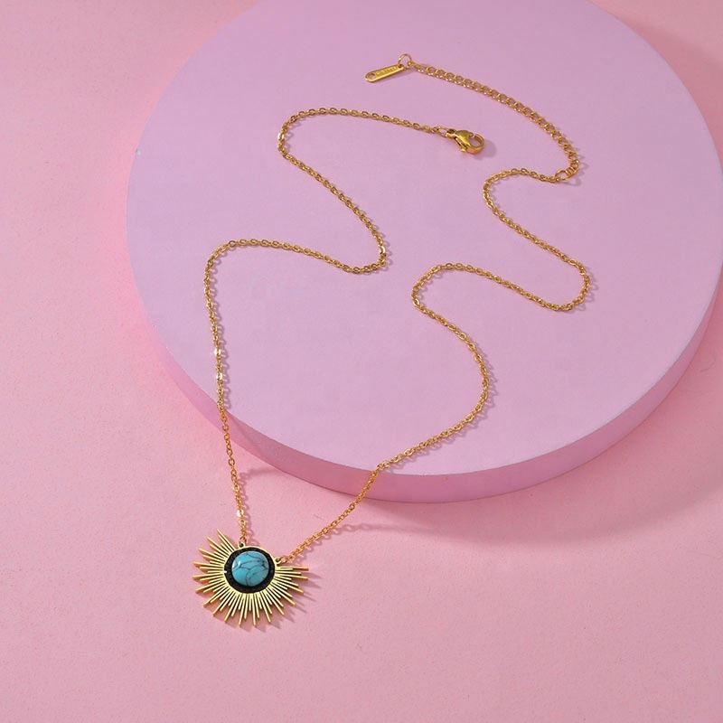 Luxury Non Tarnish Stainless Steel 14k Gold Fashion Light Luxury Sunflower Turquoise Pendant Necklace Women Spot