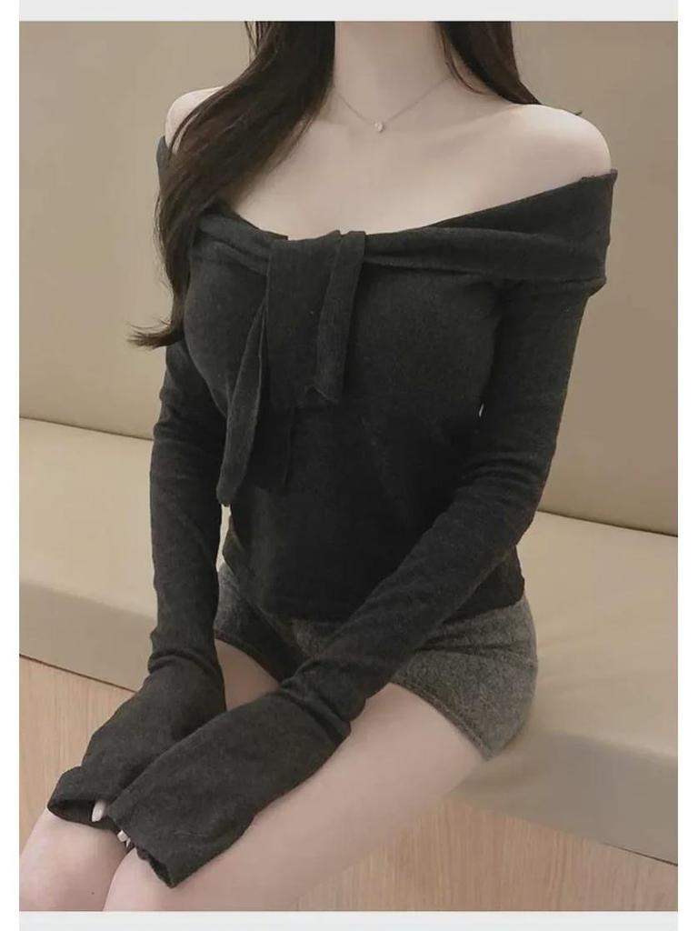 South Korea's Dongdaemun New Sexy Lace-Up Knit Sweater – Flirty Collarbone-Revealing Design