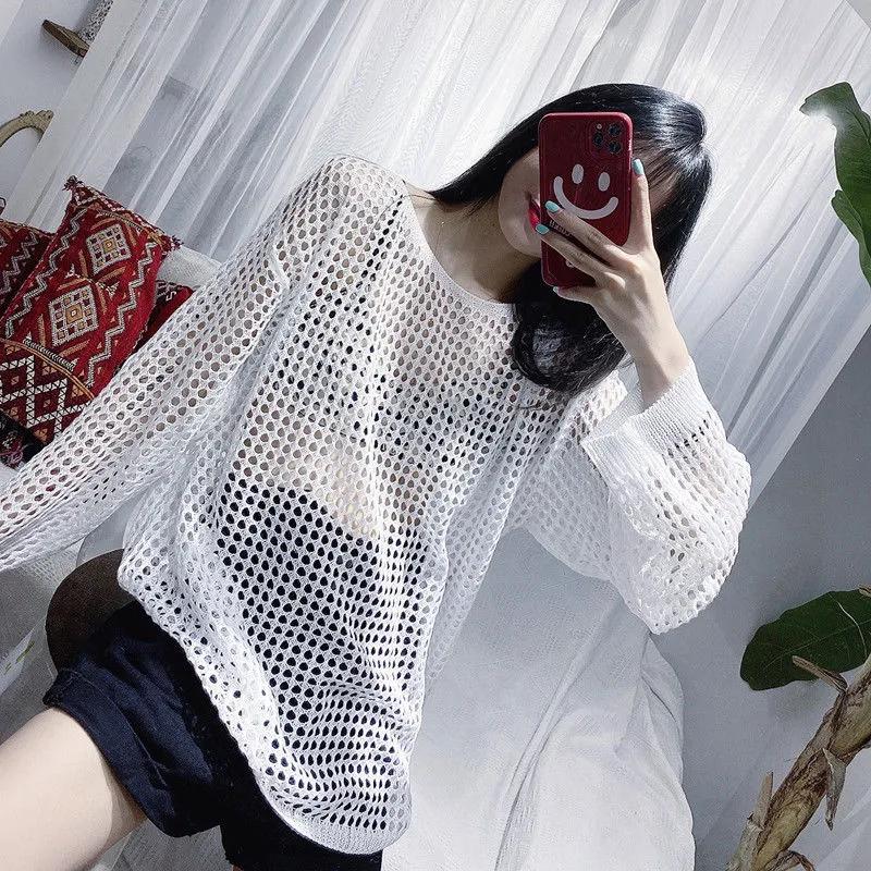 Plus Size Hollow Sweater Women's Black Fishnet Yarn Top Sweater Women's Loose Pullover Knitting