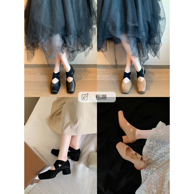 Sheepskin Grape Mom High Heel Single Shoes Women's Vintage Cross Strap Mary Jane Shoes Square Head Pig Nose Thick Heel Ballet Shoes
