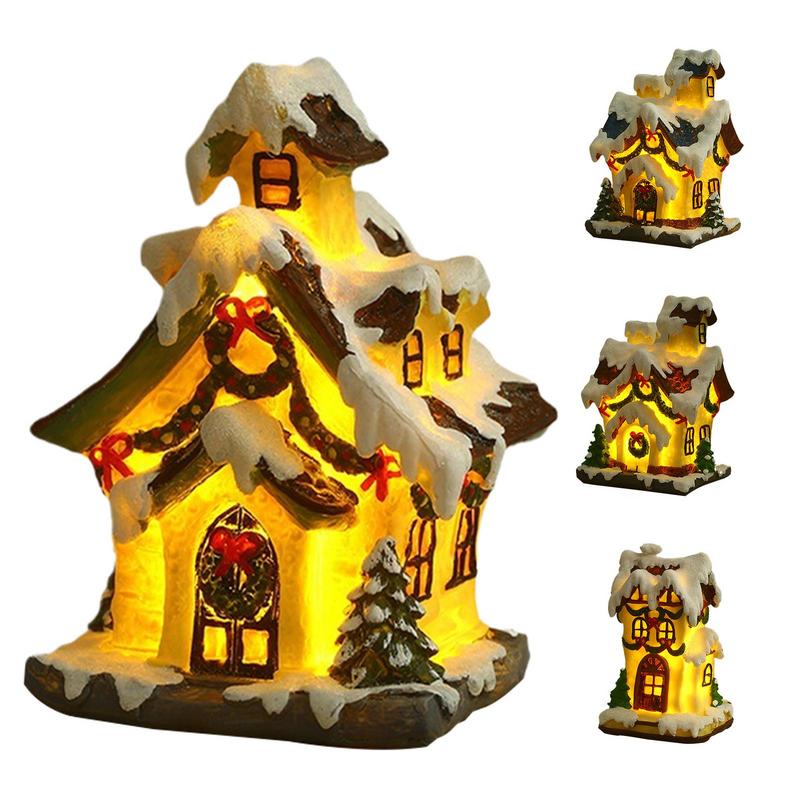 Lighted Christmas House Battery Operated Figurine Resin Christmas Glowing House Figurine for Winter Table Decoration
