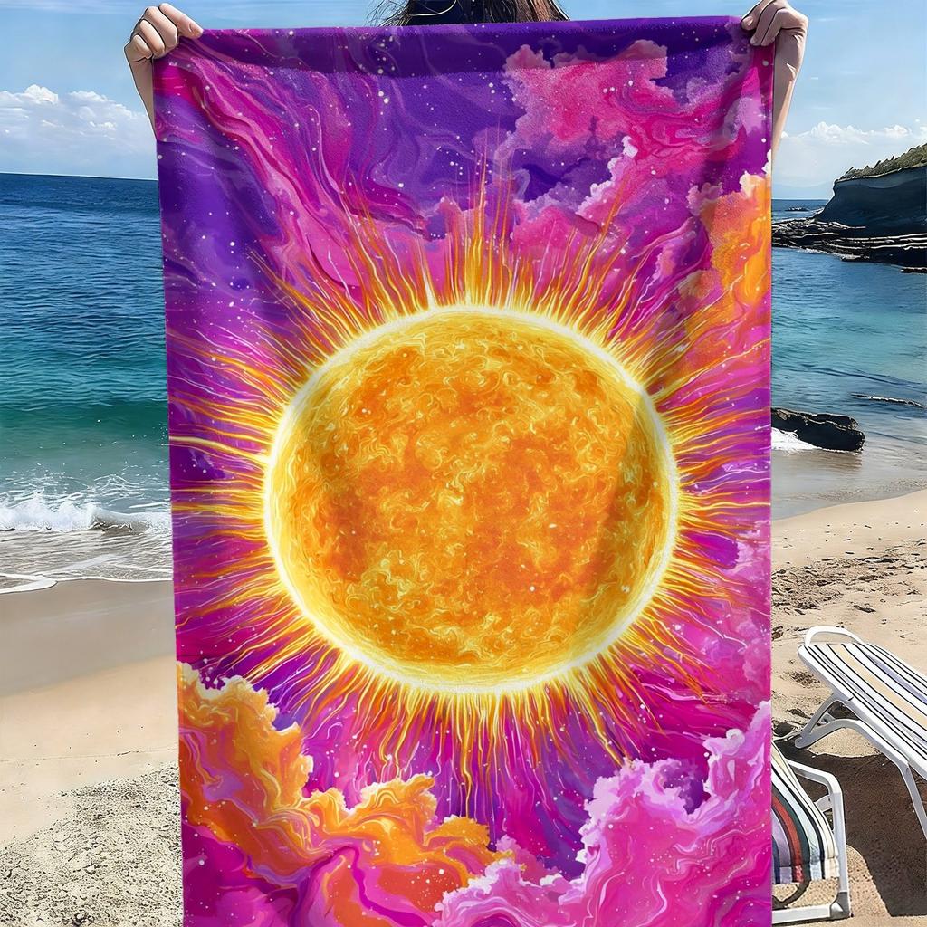 Sun and Dreamy Cloud Patterns polyester microfiber beach towel is highly absorbent, suitable for swimming and beach outings