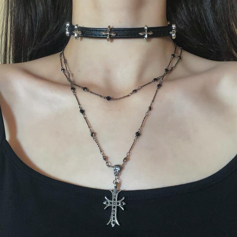 Y2K Gothic Style Black Beaded Cross Necklace & Cool Girl Sweatshirt Accessory